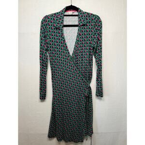 Boden Jersey Knit Wrap Dress, Green/Navy/Pink, Size 8R